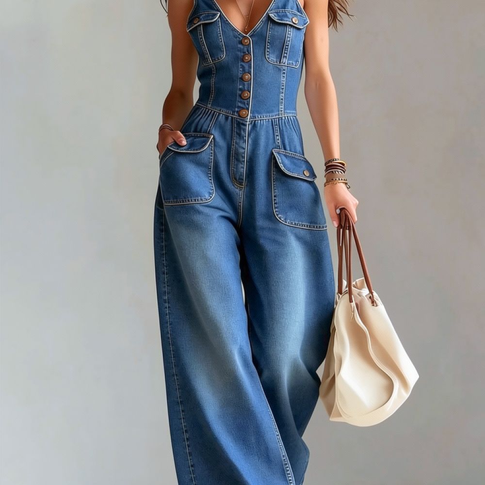 Jumpsuit Linen Relaxed - Женский повседневный джинсовый комбинезон без рукавов,